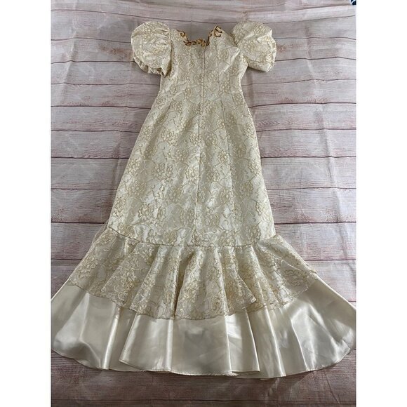 Vintage Mike Benet Formals Ivory Puff Sleeves Gown With Gold Trim - Small - Picture 10 of 14